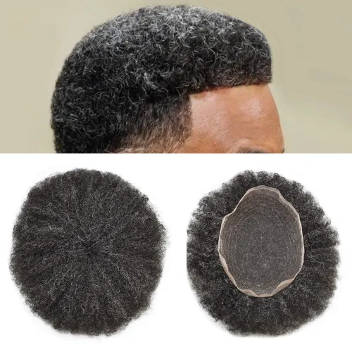 Miniatura 28 de Pelucas afro rizadas para hombre, con encaje francés, de 10 x 8 pulgadas, completamente transparente, de repuesto, sistema de cabello humano rizado