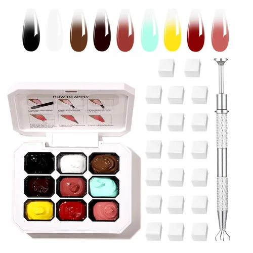 Miniatura 27 de Finger Secret - Juego de 9 colores de esmalte de uñas de gel Ombre Pat, paleta de esmaltes de gel con 20 esponjas de uñas para arte de uñas de gel