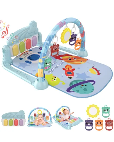 Miniatura 8 de dearlomum Tapete de juego para bebé y piano para tiempo de barriga, alfombrilla de actividad sensorial para bebés con 5 juguetes, música y luces