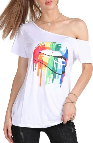 Miniatura 49 de MAGICMK - Camiseta casual para mujer, con estampado de labios y hombro descubierto, talla extragrande