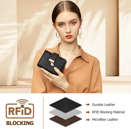 Miniatura 4 de HUANLANG Carteras pequeñas para mujer, con bloqueo Rfid, de cuero, plegable, tarjetero para tarjetas de crédito, cartera para mujer, bolsillo