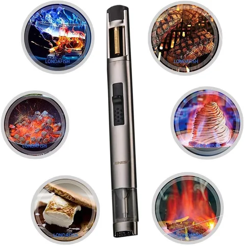 Miniatura 3 de Encendedor de butano para cocina, barbacoa, largo, recargable, resistente al viento, de acero inoxidable con llama de chorro (sin combustible)