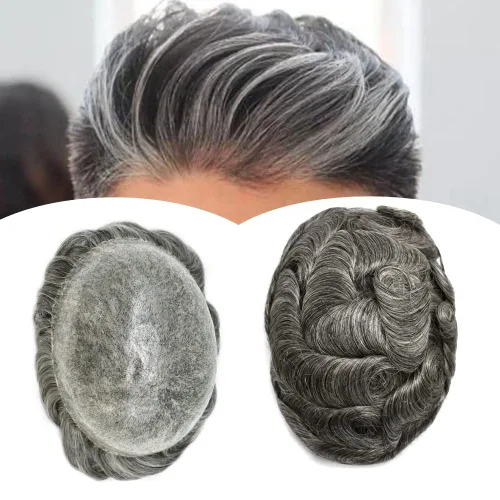 Miniatura 46 de Toupee para hombres Sistema de reemplazo de cabello humano Full Poly Mens Toupee Hairpiece inyectado PU peluca para hombre sistemas de cabello 1B#