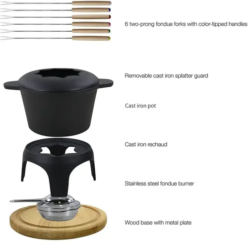 Miniatura 3 de Juego de fondue tradicional de hierro fundido esmaltado negro mate para fondue suiza, 12 piezas, para carne, chocolate y queso, hierro fundido