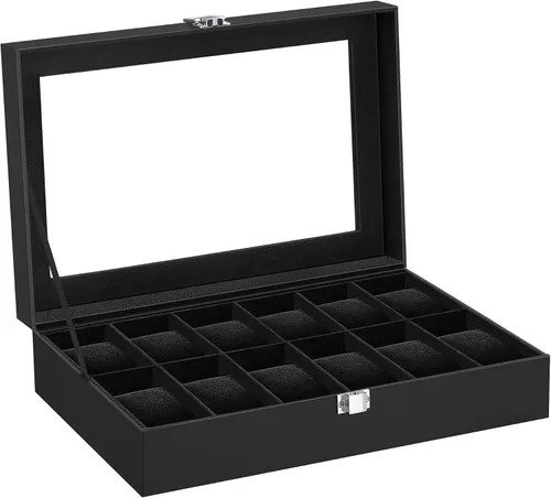 SONGMICS Caja de reloj caja de reloj de 12 ranuras con tapa de cristal grande almohadas de reloj extraíbles organizador de caja de reloj regalo para