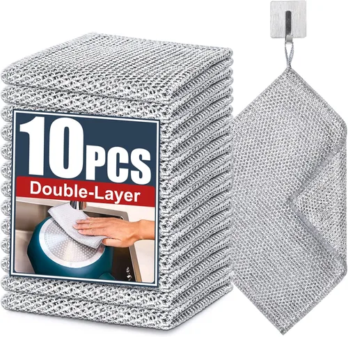 Navona 10 Piezas Paños de Cocina de Alambre de Acero Nueva Actualización, Paño de Limpieza de Alambre de Acero de Doble Capa, Potente Limpieza