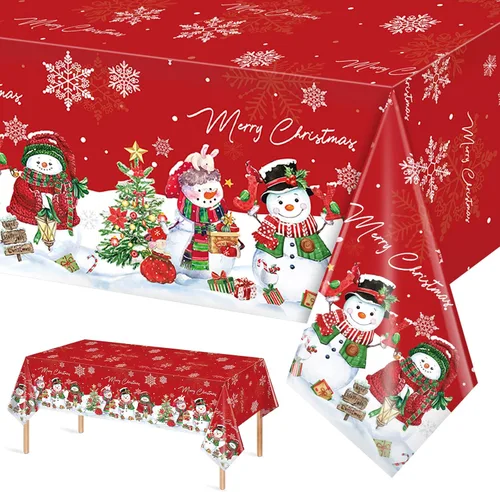 Miniatura 10 de FunnyPars 3 piezas manteles de muñeco de nieve navideños de plástico, cubierta de mesa de invierno con copos de nieve y árbol de Navidad