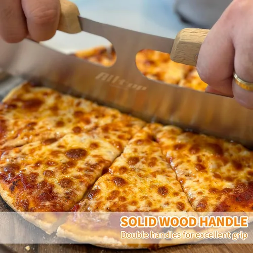 Miniatura 4 de ALLTOP Cortador de Pizza Basculante, Cuchillo de Hoja de Acero Inoxidable con Doble Mango de Madera y Cubierta de Plástico, Rebanadora/Picadora