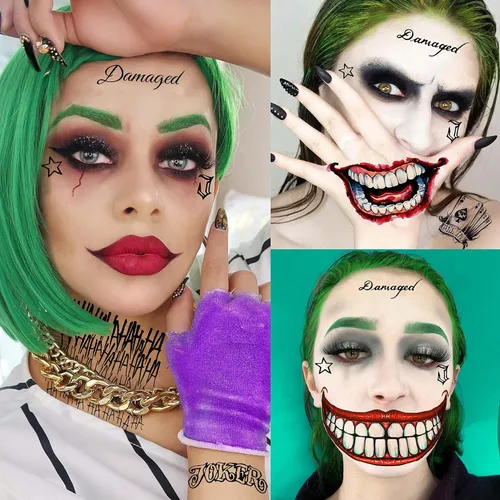 Miniatura 6 de EGMBGM 5 hojas de tatuajes temporales de Joker 3D para hombres, mujeres y adultos, kit de maquillaje de Halloween, payaso fantasma, sonrisa