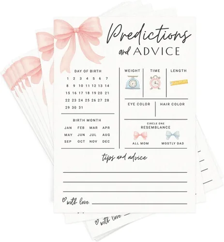 Tarjetas de predicciones y consejos de baby shower de Printed Party – Diseño de lazo rosa, divertido juego de baby shower para invitados, actividad