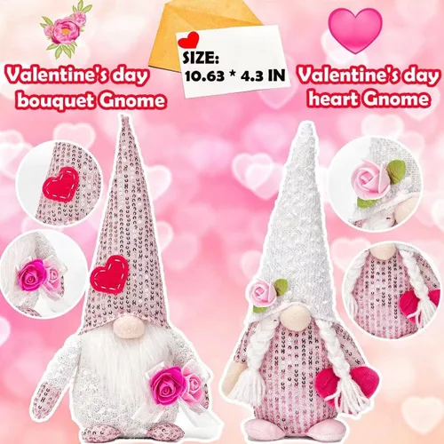 Miniatura 3 de Decoración de gnomo de San Valentín de elfo de peluche – 4 gnomos suecos hechos a mano de peluche de elfo escandinavo Tomte – Adorno de mesa