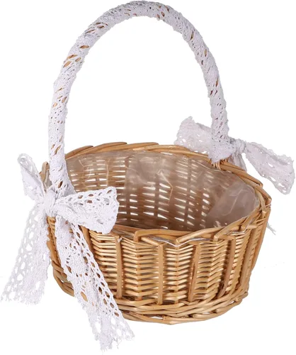 Cabilock Cesta tejida de 11 pulgadas con asa de encaje, cesta rústica hecha a mano para ceremonias, arreglo floral bohemio vintage y almacenamiento