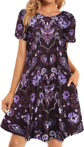 Miniatura 12 de Vestidos de verano para mujer, informales, holgados, estilo camiseta, florales, de manga corta, con vuelo y bolsillos, para la playa