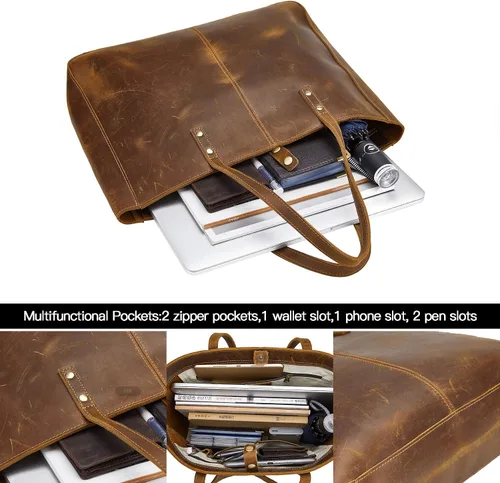 Miniatura 4 de Bolso de hombro de cuero completo para mujer, bolso grande de trabajo para hombres y mujeres, bolso de hombro de negocios, bolso vintage marrón