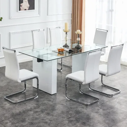 Miniatura 6 de FURNITO Mesa de comedor de vidrio de 71 pulgadas para 6 a 8,0,39 pulgadas de superficie de vidrio grueso con mesa de comedor de pedestal de MDF Mesa