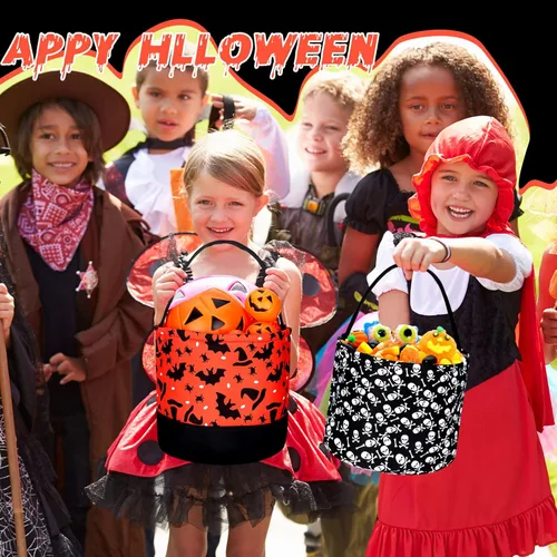 Miniatura 6 de 2 bolsas de dulce o truco de Halloween, bolsas de tela para dulces de Halloween, 2 estilos (calavera y murciélago), Varios