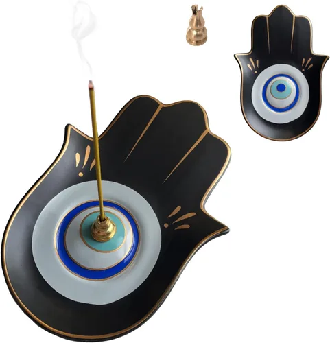 Miniatura 8 de Soporte de incienso de mano Hamsa de cerámica – Soporte de incienso de latón 2 en 1 para palos y bobinas de incienso – Decoración Zen con diseño