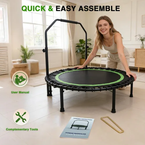 Miniatura 7 de Mini trampolín rebotador de 40 pulgadas para adultos con asa, mini trampolín plegable con cuerdas elásticas, mango de espuma ajustable, estable