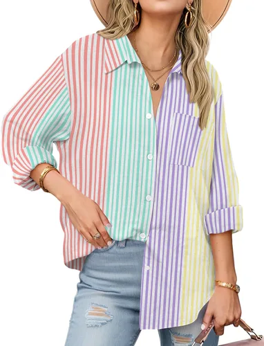 Miniatura 15 de Zeagoo - Blusas de lino con botones para mujer, de gasa, algodón, manga larga, blusas informales con cuello, corte holgado