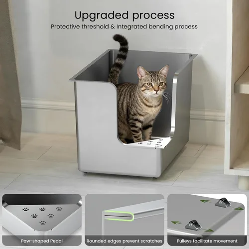 Miniatura 9 de Caja de arena de acero inoxidable de 11.8 pulgadas de alto, caja de arena de metal XL para gatos, inodoro para mascotas con apertura de esquina