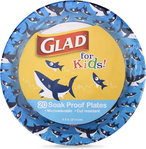 Glad Platos redondos de papel para niños de 8.5 pulgadas, diseño de tiburones, platos desechables resistentes a cortes y a prueba de remojo, vajilla