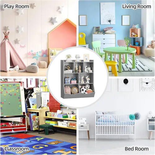 Miniatura 5 de Estantería infantil de tres niveles y organizador de almacenamiento de juguetes, estantería multifuncional con 5 cubos abiertos y 2 cajas inclinadas