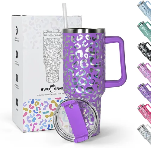 Miniatura 8 de Sweet Grain - Vaso de 40 onzas con asa y pajita, mantiene las bebidas frías hasta 24 horas, vaso aislado al vacío de acero inoxidable con diseño