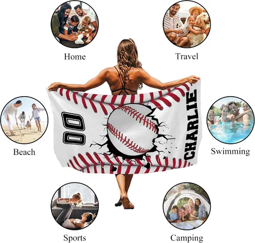 Miniatura 7 de Toalla de playa de béisbol personalizada para niños y niños, toalla de playa deportiva personalizada con nombre, número de equipo, regalos