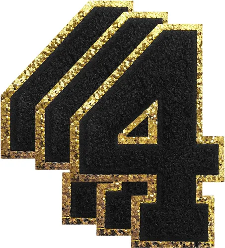 Miniatura 76 de 3 parches de números de chenilla negra, tamaño grande de 4-1/2" parches de números para planchar, parches universitarios para ropa, 8" Borde oro rosa