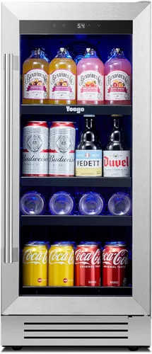 Yeego Refrigerador de bebidas y mini refrigerador, enfriador de bebidas de 15 pulgadas con 80 latas de 34 a 54 °F, pequeño enfriador de cerveza