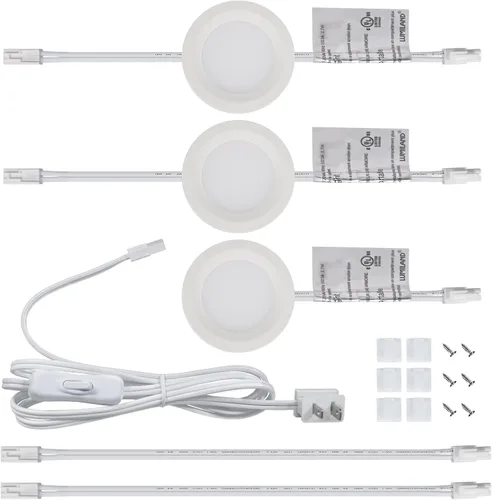 Miniatura 13 de LUMILAND Luces LED de disco con cable de 120 V (2.7Wx3) Plug-in iluminación blanco cálido, luz LED para gabinete para cocina, puede ser montaje