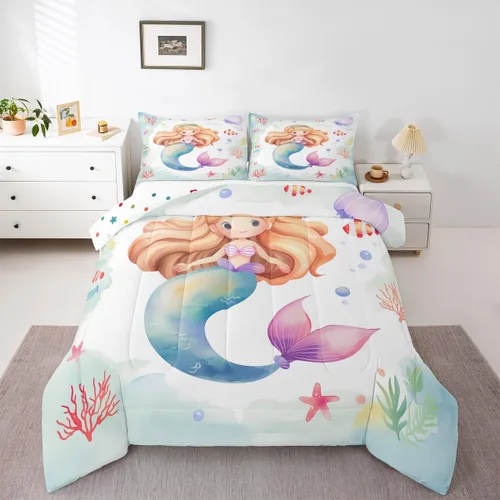 Miniatura 24 de Erosebridal Juego de edredón de sirena para niños, tamaño matrimonial, para niñas, ropa de cama de sirena brillante azul y rosa, juego de ropa