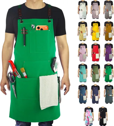 Delantal de cocina, delantal de trabajo, lienzo, múltiples bolsillos, jardinería, pintura, barbacoa, artista, carpintero, tamaños M a XXL, verde