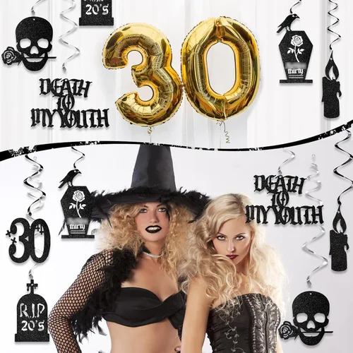 Miniatura 6 de Fuutreo 36 decoraciones de Death to My 20 para cumpleaños de 30 años, diseño de remolinos colgantes de treinta cumpleaños, decoración gótica