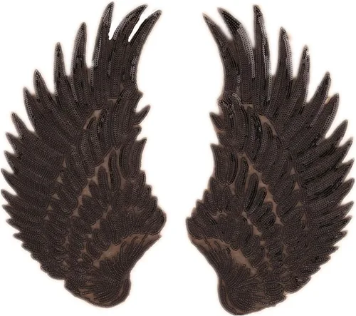 Parches grandes de lentejuelas con alas de ángel para planchar y coser con motivo bordado para ropa de bricolaje (negro)