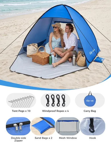 Miniatura 7 de Glymnis Tienda de campaña de playa desplegable para 1-4 personas, refugio solar UPF 50+ con cremallera para puerta, portátil, fácil de poner
