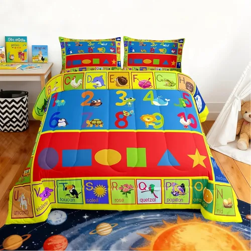 Miniatura 18 de jejeloiu Juego de edredón educativo para niños, tamaño King, juego de ropa de cama con números del alfabeto ABC para niños y niñas pequeños