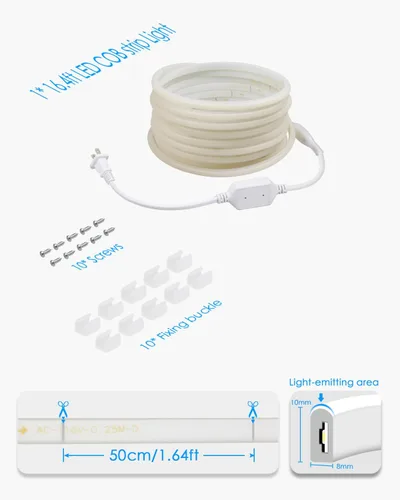 Miniatura 6 de Tira de luces LED COB de 5 M para dormitorio, 16.4 pies, luces LED de cuerda para exteriores, impermeable, blanco cálido, CA de 110 V ~ 120 V