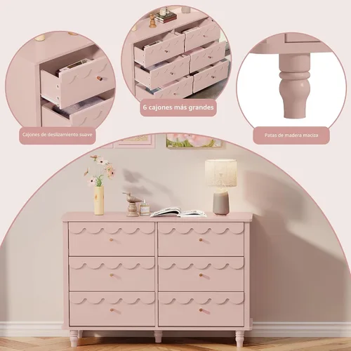 Miniatura 4 de Anbuy Cofres de guardería festoneados rosados y cómoda para dormitorio de niños, cómoda de madera con 6 cajones, cómodas y cómodas con asas de metal