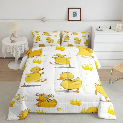 Miniatura 9 de Erosebridal Juego de ropa de cama a cuadros azul para niños, juego de cama individual con diseño de patos amarillos de dibujos animados, juego