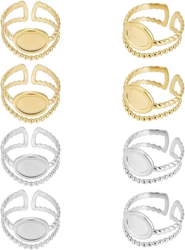 UNICRAFTALE 8 piezas de componentes de anillo abierto de acero inoxidable de 2 colores con anillos ovalados, chapados en oro, ajustables para hacer