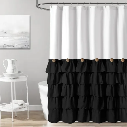 Seasonwood - Cortina de ducha estilo granja en blanco y negro de 72 x 72 pulgadas, cortina de ducha con volantes negros con botones vintage, Blanco