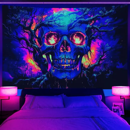 Miniatura 14 de Tapiz de calavera con luz negra, arte de pared de esqueleto reactivo a los rayos UV para dormitorio, pósteres de luz negra para adultos, tapiz