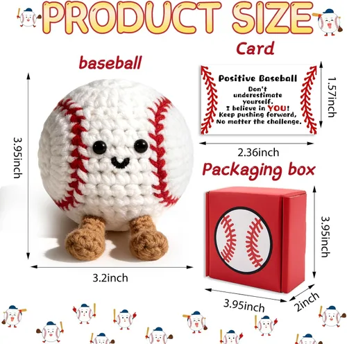 Miniatura 3 de Regalos positivos de ganchillo de béisbol para niños, hombres, papá, muñeca de punto inspiradora con tarjeta de aliento y llavero de caja, divertida