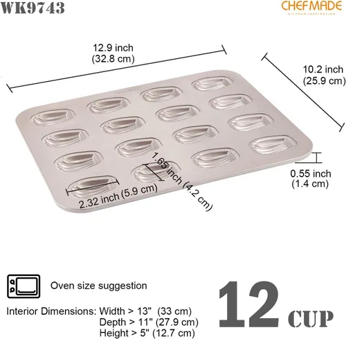 Miniatura 2 de CHEFMADE Molde para tartas de Madeleine, 16 cavidades, antiadherente, con carcasa ovalada, para hornear al horno (dorado champán)