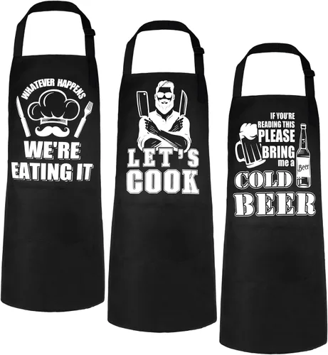 Newcotte Delantal de 3 piezas con bolsillo para hombres, regalos de cocina, divertido delantal de chef para marido, regalos de cumpleaños, 3 diseños