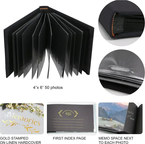 Miniatura 3 de Holoary Álbum de fotos pequeño de 4 x 6 pulgadas, tapa dura de lino, capacidad para 50 fotos, encuadernado con páginas negras, mini álbumes de fotos