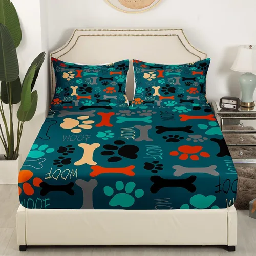 Miniatura 3 de Sábanas de cama con estampado de patas de perro para niños, sábana bajera ajustable de huesos coloridos para los amantes de los perros