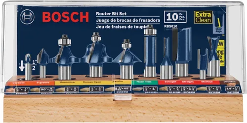 Bosch, RBS010. Conjunto profesional de mechas multipropósito para rebajadora con puntas de carburo y vástagos de 1/2 pulgada y 1/4 pulgadas, 10