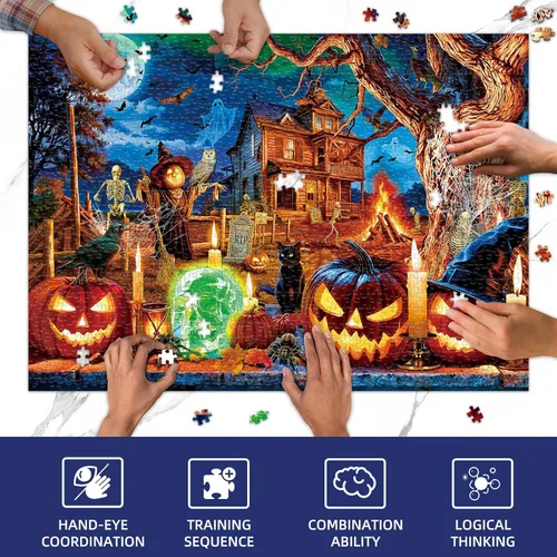 Miniatura 6 de Sutinban Rompecabezas de Halloween de 1000 piezas para adultos, calavera de terror, cabeza de calabaza, rompecabezas de casa encantada de Halloween